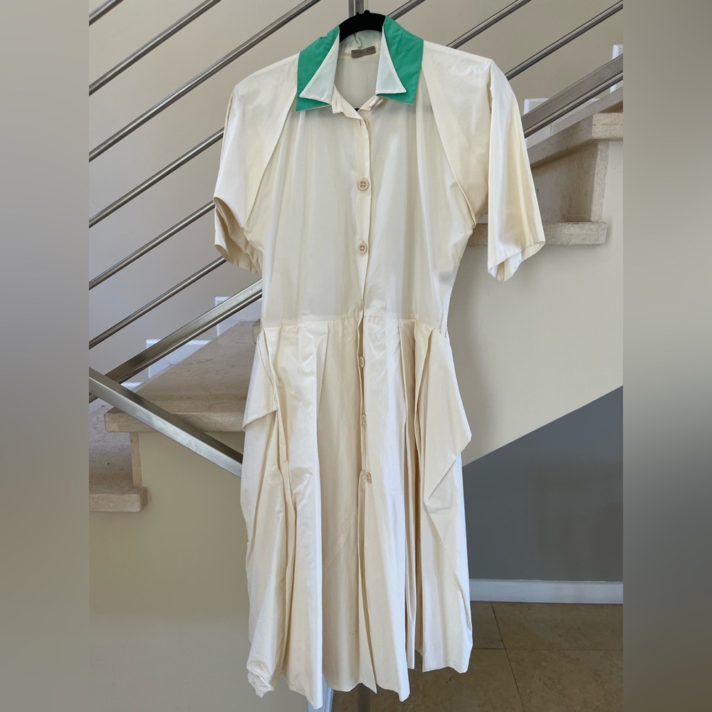 VINTAGE BOTTEGA VENETA Elegant Cream and Green Dress